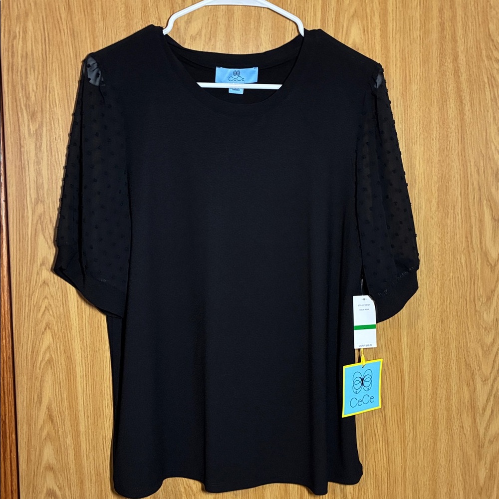 CeCe Black Short Sleeve Top with Textured Sleeves